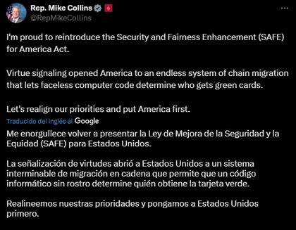La publicación del representante Mike Collins