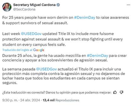 La publicacion del secretario de Educación, Miguel Cardona