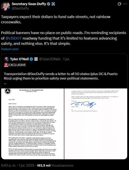 La publicación del secretario Sean Duffy