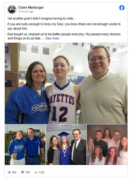 La publicación en Facebook de Claire Marburger, hija de Dan Marburger, el director de una escuela secundaria en Perry, Iowa, que falleció a causa de un tiroteo dentro de las instalaciones
