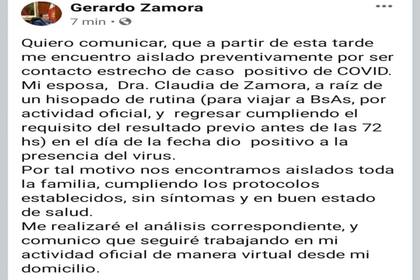 La publicación en Facebook de Gerardo Zamora, donde anunció el resultado del test de su esposa
