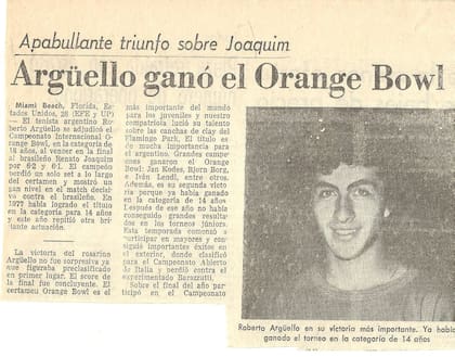 La publicación periodística del título de Argüello en el emblemático Orange Bowl de 1981, en la categoría de 18 años; ya lo había ganado en Sub 14, en 1977