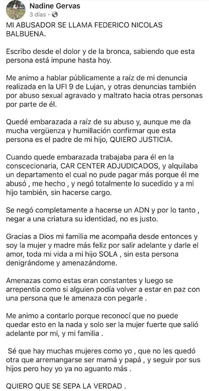 La publicación que hizo Nadine Gervas, la segunda denunciante, sobre Federico Balbuena