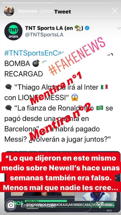 La publicación que Lionel Messi hizo a través de una historia de Instagram para desmentir su pase a Inter de Italia.
