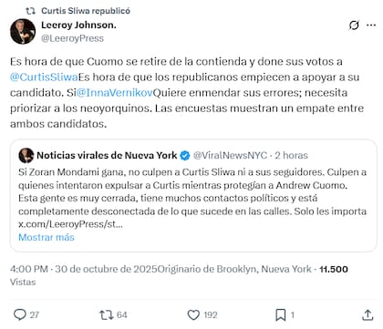 La publicación realza que hay un empate entre Cuomo y Sliwa