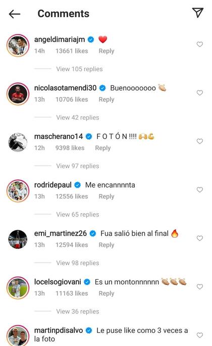 La publicación se llenó de comentarios de los futbolistas, compañeros de la selección