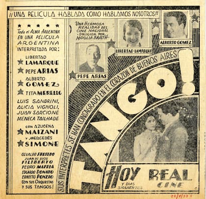 La publicidad de Tango, la primera película argentina completamente sonora. En los créditos se destaca la participación de Azucena Maizani