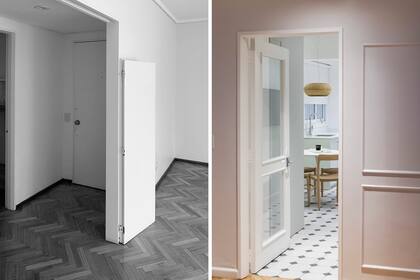 La puerta, antes ciega, se modificó con dos es vidriados. Durante la demolición encontraron una viga inesperada, por lo que decidieron montar un cielorraso para ocultarla.