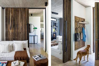 La puerta corrediza del family, el perchero y la puerta de entrada están hechas con madera de lapacho recuperada.