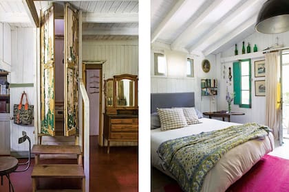 La puerta doble decapada lleva al primer piso, donde están el cuarto y el estudio de la dueña de casa.