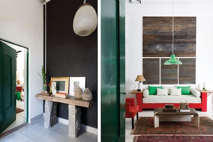 La puerta en un austero verde inglés forma parte del efecto con su rojo complementario en la estructura del sofá, que emula el que tenía el decorador Jean-Michel Frank en su estudio parisino.