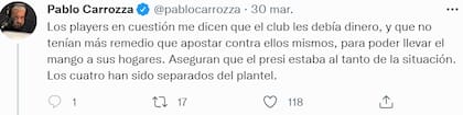 La razón, según el tweet de Carrozza, que los llevó a los jugadores de El Porvenir a las apuestas clandestinas
Foto: captura de pantalla