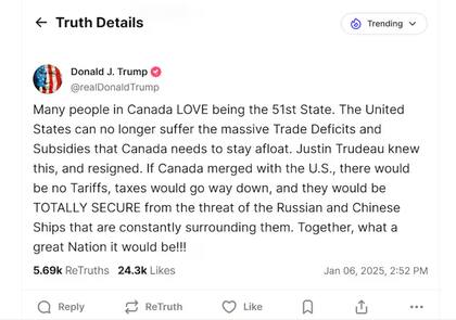 La reacción de Donald Trump a la renuncia del primer ministro canadiense, Justin Trudeau