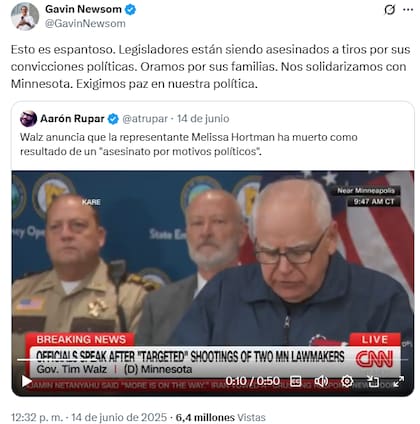 La reacción de Gavin Newsom al asesinato de la legisladora Melissa Hortman