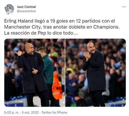 La reacción de Pep Guardiola tras el doblete de Haaland (Foto: Twitter)