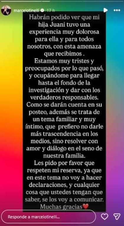 La reacción de Tinelli tras el posteo de su hija