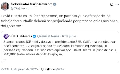 La reacción del gobernador de California a la detención de David Huerta