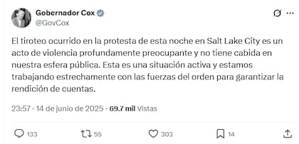 La reacción del gobernador de Utah al tiroteo