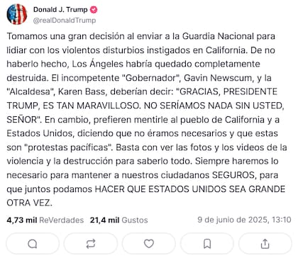La reacción del presidente Donald Trump a las críticas por el despliegue de la Guardia Nacional en Los Angeles