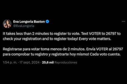 La reconocida actriz texana se mostró muy activa en sus redes sociales para movilizar el voto de mujeres y latinos
