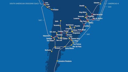 La red terrestre y marítima de Level 3; los cables de otras compañías hacen un recorrido similar