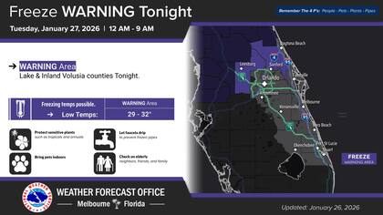 La región central de Florida se encuentra atrapada entre una dorsal cálida en el Caribe y un profundo valle de aire frío al norte, configuración que permitirá que las temperaturas caigan hasta los 30°F bajos y medianos (0°C a 2°C) en las zonas interiores