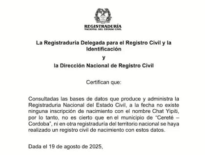La Registraduría aclaró si hay un bebé que se llame ‘Chat Yipiti’.