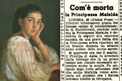 La reina consorte Elena de Montenegro en una ilustración de juventud. A la izquierda, el recorte del diario que anunció la muerte de Mafalda