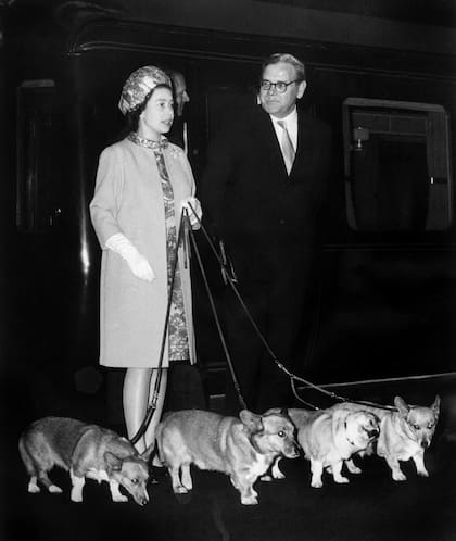 La Reina Isabel II llega a la estación King Cross con sus cuatro perros de raza Corgi