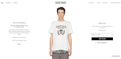 La remera que vistió Messi, a la venta en el sitio de Dolce y Gabbana. Es de algodón y está hecha en Italia.