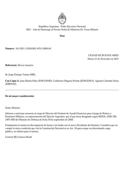 La renuncia del general Gustavo F. Booth al IAF