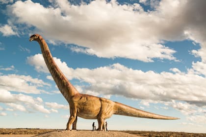 La réplica a escala real del ejemplar descubierto por investigadores del CONICET en 2013 cambió el paisaje del ingreso a Trelew desde 2017.