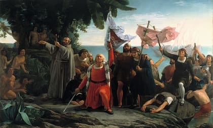 La representación simbólica del desembarco muestra a un Colón que no luce el atuendo de gala. Archivo La Nación.