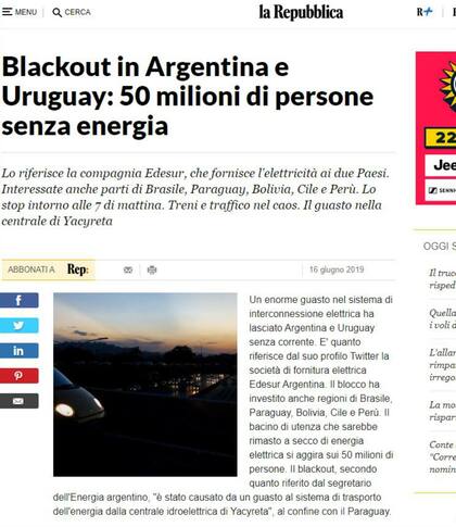 La República de Italia se refiere a 50 millones de personas sin energía