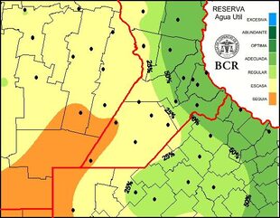 La reserva de agua útil en la zona núcleo para la siembra. Los colores amarillo a naranja indican déficit