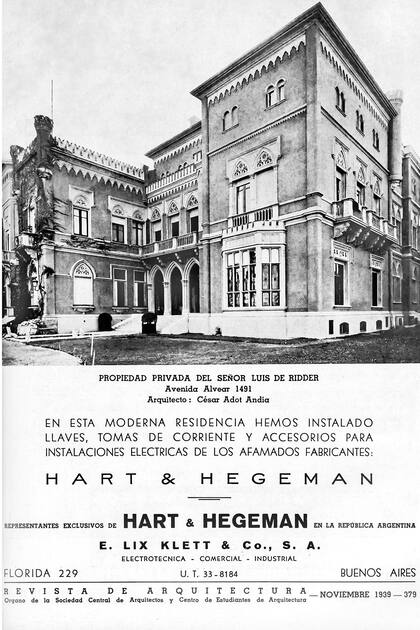 La residencia luego de la ampliación, en 1939, en una publicidad de instalaciones eléctricas.