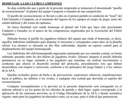 La resolución de AFA en la que se explica cómo se debe realizar el "pasillo de reconocimiento" a los campeones, documento sospechado de haber sido creado después del hecho del domingo.