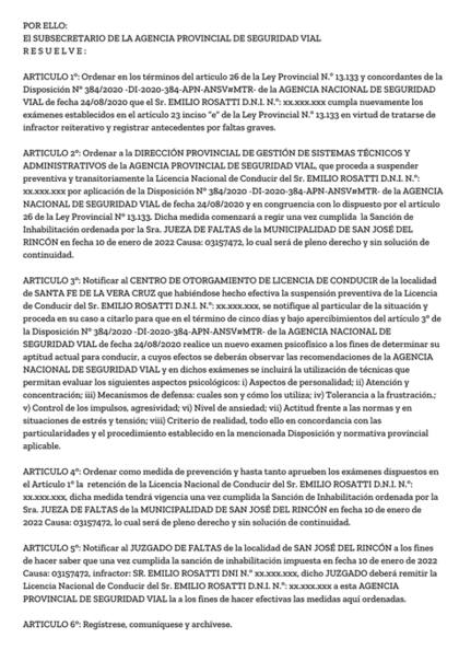 La resolución de la Agencia Provincial de Seguridad Vial compartida por la ANSV.