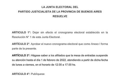 La resolución de la Junta Electoral del PJ bonaerense, que se reunió la noche del miércoles en la sede de Matheu.