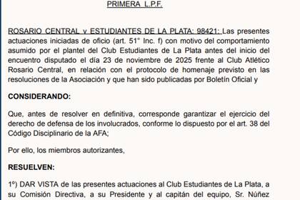 La resolución del Tribunal de Disciplina de la AFA, que le inició un expediente a Estudiantes