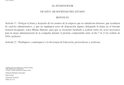 La resolución por la cual el exinterventor González delega la firma en el gerente general de Educ.ar