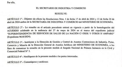 La resolución que confirma la baja de la cautelar del Gobierno