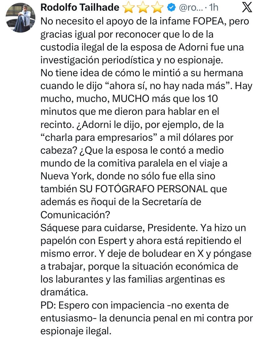 Tailhade acusa a Adorni de usar custodia oficial para su esposa; el Gobierno lo denunciará por espionaje — image 4
