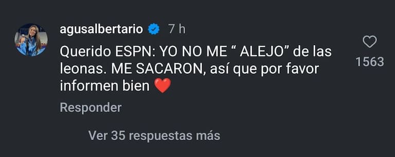 La respuesta de Agustina Albertario a un posteo de ESPN en Instagram