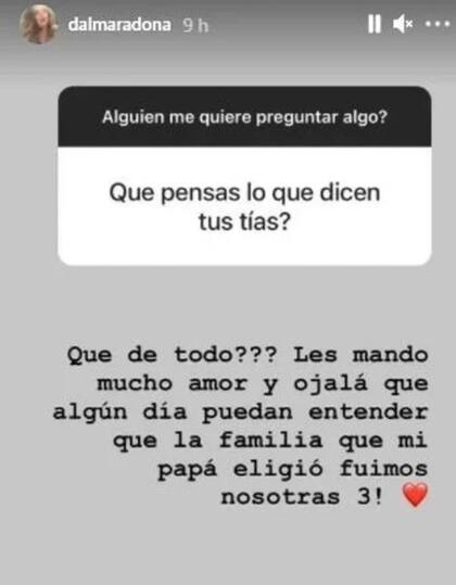 La respuesta de Dalma Maradona ante la pregunta por las hermanas de Diego