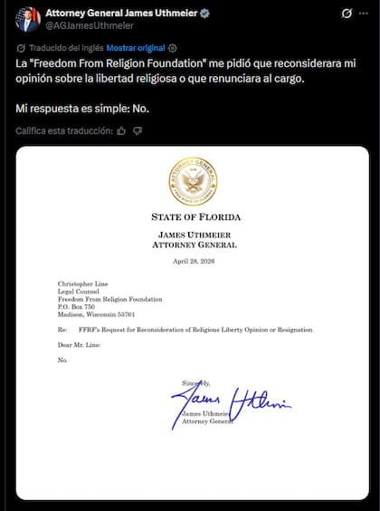 La respuesta de James Uthmeier en redes sociales