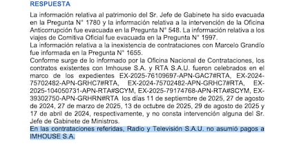 La respuesta de la Jefatura de Gabinete a la pregunta 1080.