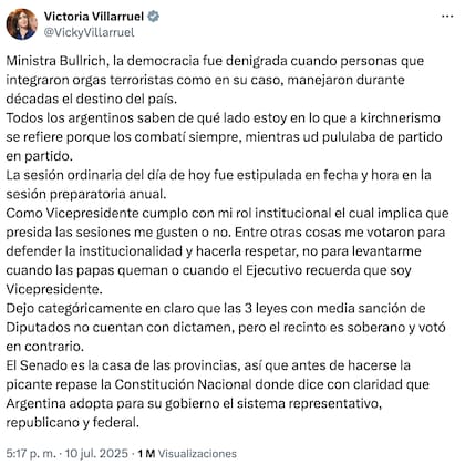 La respuesta de la vicepresidenta frente a los dichos de Patricia Bullrich