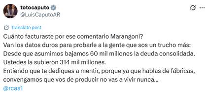 La respuesta de Luis Caputo a Gustavo Marangoni (X: @LuisCaputoAR)