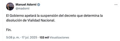 La respuesta de Manuel Adorni a la justicia en la red social X